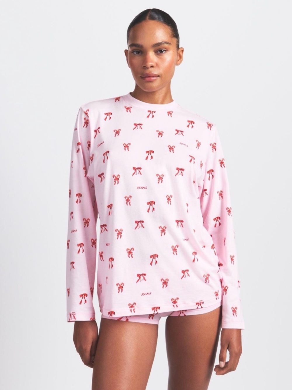 Skims Bow Christmas Candy Cane Pajama Top